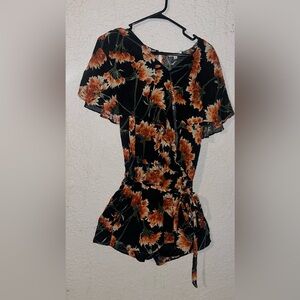 Umgee Black Mini Romper with Burnt Orange Floral Print